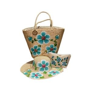 Floral Hand Painted Beach Bag with Matching Hat & Makeup Bag !